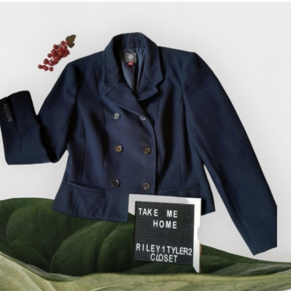 Vince Camuto deep Navy warm Cropped Double Breasted Preppy Peacoat Sz 8 - Picture 2 of 9
